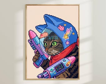 Arte de parede Pixel Art Gato Arma - Pôster de jogos retrô, Impressão digital de gato, Decoração cyberpunk para quarto, Arte gamer 8-bit, Impressão geek moderna