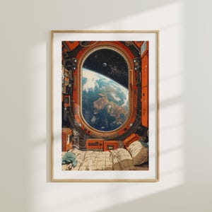 May include: A digital art print of a spaceship interior with a large window looking out at Earth. The window is oval-shaped and framed in orange. The bed is made with a beige blanket and pillows. The print has a retro-futuristic aesthetic.