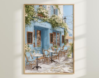 Arte de parede Blue Café, impressão de cena de rua francesa, decoração para áreas externas vintage em aquarela Cottagecore em Paris