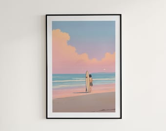 May include: A framed illustration of a person standing on a beach with a surfboard. The sky is a gradient of pink, orange, and blue with clouds. The ocean is a light blue with white waves.