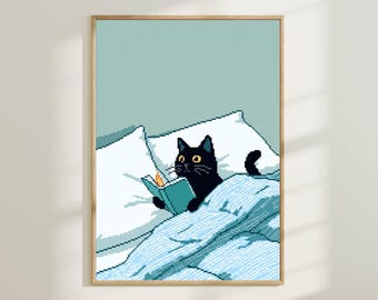 Arte Pixel de Gato Preto - Impressão de Arte de Parede Aconchegante para Quarto, Decoração Fofa para Amantes de Gatos, Estética Retrô de Jogos, Pôster Moderno e Minimalista para Quarto