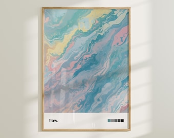 May include: A framed abstract print with a swirling pattern of blue, pink, and yellow colors. The print has the word "flow." at the bottom.