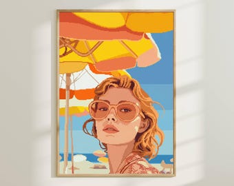 Garota da Praia em Pixel Art Retrô - Arte de Parede Vintage de Verão, Pôster com Estética dos Anos 80, Impressão Digital Colorida, Decoração Moderna para Quarto