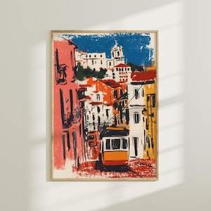 Retro Lisbon Wall Art – Printable Travel Poster Featuring Warm Toned Portuguese Architecture for European Home Decor, Portugal Drawing Art