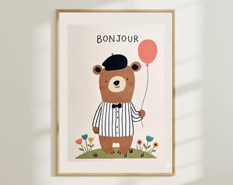 Arte de parede fofa de urso para quarto infantil - Pôster de animal "Bonjour" encantador para quarto de crianças, estampa de urso adorável, decoração neutra para sala de jogos.