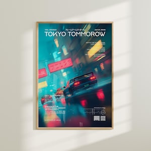 May include: A poster with a cyberpunk aesthetic featuring a red and blue colour scheme. The poster features a car driving through a city at night with neon lights. The text on the poster reads "Tokyo Tommorow" and "Dreams in the Datastream Memory as Commodity".