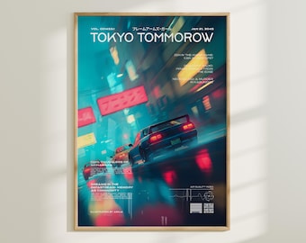 Tokyo Street Racing Wall Art, Cyberpunk Car Poster, Night Drift Neon City Print, JDM Racing Aesthetic Decor, Futuristic Japan Artwork