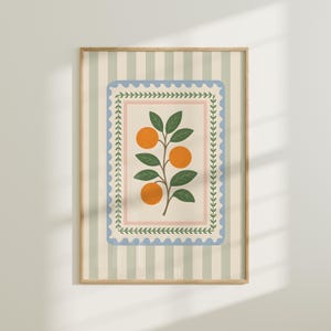 Orange Botanical Wall Art – Folk Art Fruit Branch Poster, Vintage Kitchen Citrus Print, Cottagecore Orange Tree Printable for Home Decor