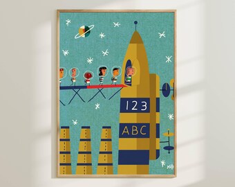 Arte de parede para quarto infantil com tema de exploração espacial - Pôster de foguete com astronautas para quarto de criança, estampa espacial educativa, decoração lúdica para quarto de bebê.