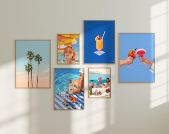 Conjunto de 6 Pixel Art de Praia - Decoração de Parede Imprimível, Impressões Artísticas com Vibrações de Verão, Download Instantâneo