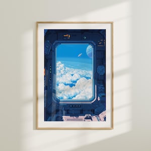 May include: A digital illustration of a spaceship window looking out at a blue sky with white clouds and a planet in the distance.
