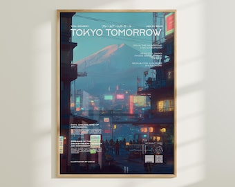 Póster ciberpunk del Monte Fuji, impresión artística de Tokio neón (descarga digital)