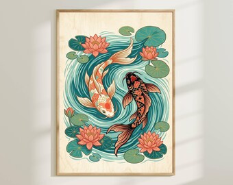 Whimsical Koi Fish Nursery Wall Art - Zen Pond Animal Poster, Pastel Aquatic Kids Room Decor, Calming Nature Print, Nautical Playroom Art