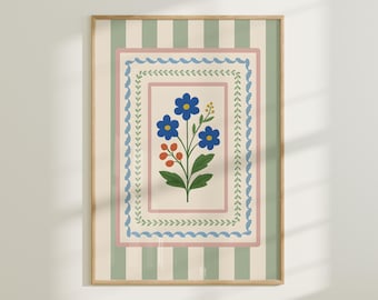 Blue Wildflower Botanical Print – Cottagecore Folk Art (Digital Download)