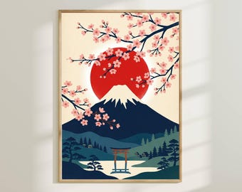 Mount Fuji Nursery Wall Art - Japanese Cherry Blossom Landscape Print for Kids Room, Minimalist Japan Decor