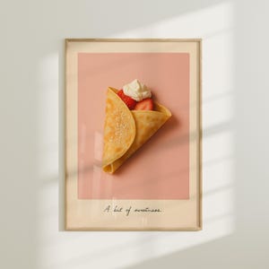 Strawberry Crepe Wall Art Print – Whipped Cream Dessert Poster, Minimalist Retro Still Life, Pink Kitchen Bakery Decor for Sweet Lovers