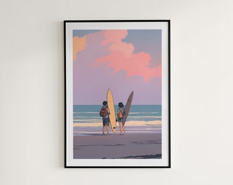 May include: Two people stand on a beach with their surfboards, facing the ocean. The sky is a soft pink and purple with fluffy clouds. The sand is light brown and the water is a light blue.