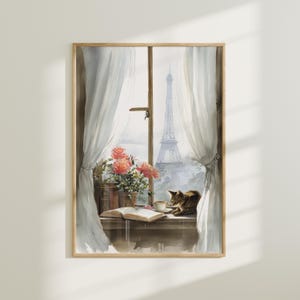 May include: Watercolor painting of a window scene with the Eiffel Tower in the background. A cat rests on a windowsill with an open book, a cup, and a bouquet of pink roses. White curtains frame the view.
