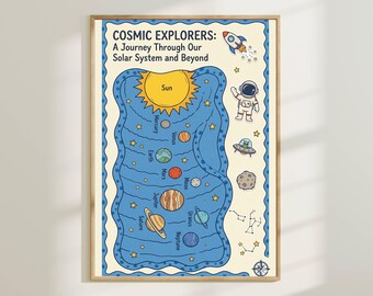 Arte de parede do Sistema Solar para quarto infantil - Pôster espacial cósmico para quarto de crianças, impressão de planetas, decoração para sala de jogos, arte infantil educativa