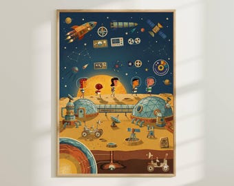 Arte de parede para quarto infantil com tema de exploração espacial - Pôster da base lunar com astronautas para quarto de crianças, estampa científica retrô, decoração para sala de jogos com temática de aventura.