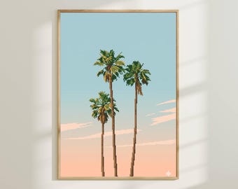 Arte Pixel Art de Palmeiras - Impressão de Arte de Parede Tropical Retrô, Pôster com Estética Desértica, Decoração Minimalista de Praia, Arte Vaporwave 8-Bit