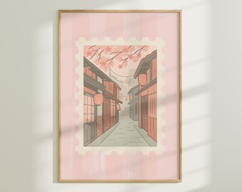 Japan Reise Stempel Art Print - Vintage inspirierte Wanddekoration mit traditioneller Straße | Fernweh Poster