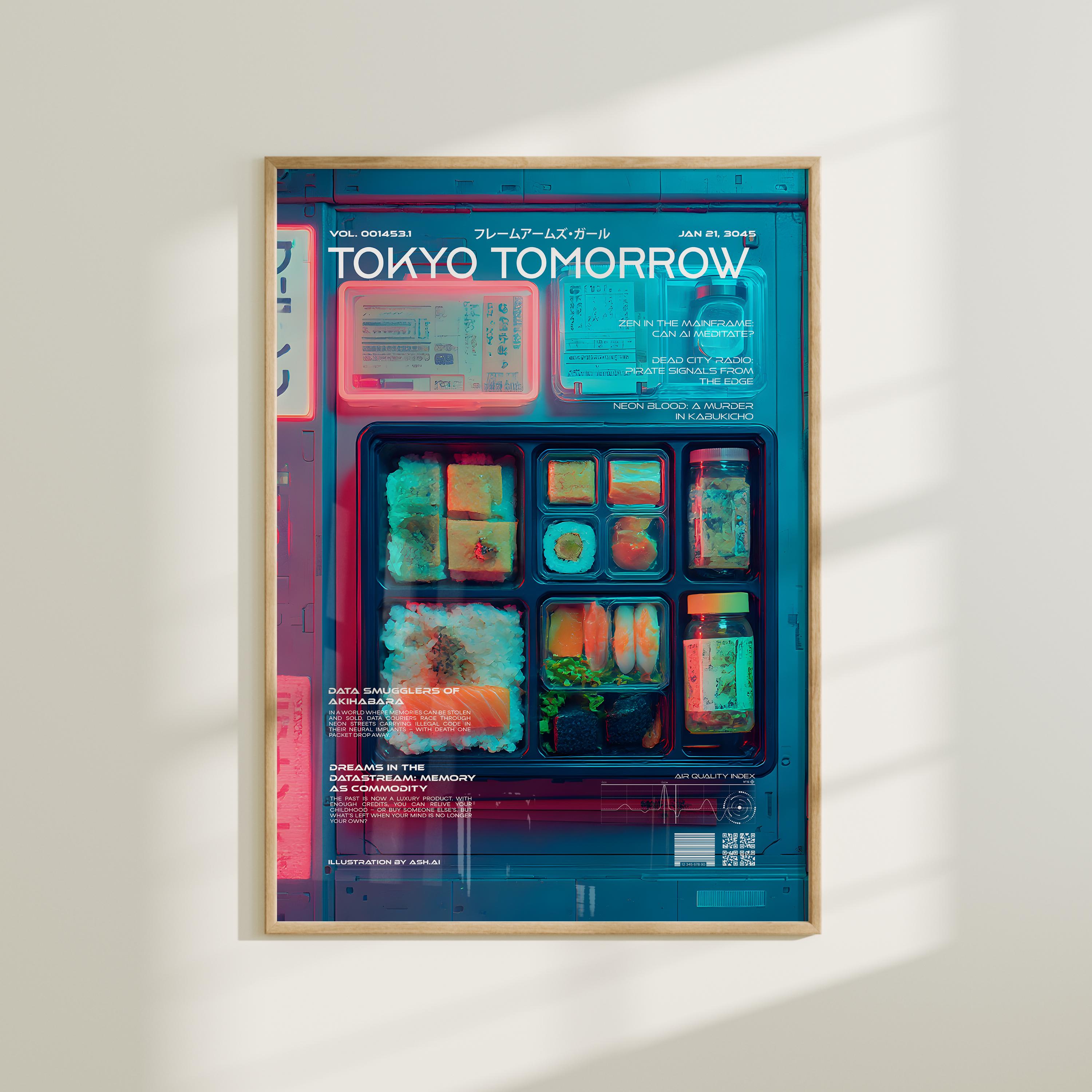 Japanese Bento Box Cyberpunk Wall Art, Neon Sushi Print, Futuristic Tokyo Food Poster, Anime Magazine Style Kitchen Illustration, Japan Art