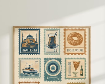 Turkish Culture Stamp Art Print – Istanbul Vintage Decor (Digital Download)