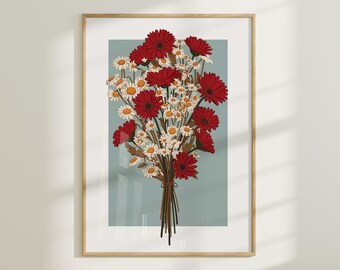 Red and White Floral Watercolor Print, Modern Minimalist Art (Digital Download)