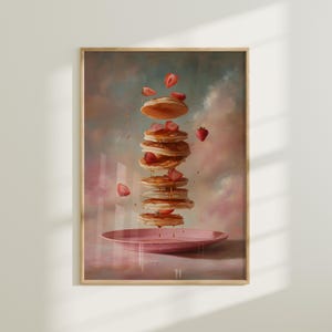 Whimsical Pancake Stack Print – illustration of fluffy pancakes with syrup and berries. Fun décor for breakfast nook | Instant Download