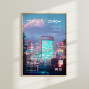 Póster del horizonte ciberpunk del Monte Fuji, arte paisajístico japonés futurista de neón, impresión nocturna de Tokio, decoración de pared estilo anime vaporwave, arte japonés