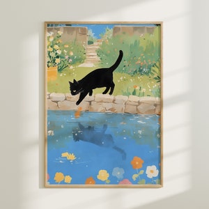 Cat by the Pond, Watercolor Painting Art Print, Digital Art Cat Poster, Lily Pad Lake Landscape, Black Cat Art for Home Wall Decor & Gifts