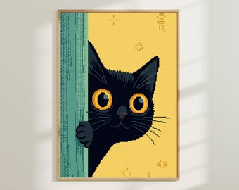 Arte de parede em pixel art de gato preto - Pôster retrô para sala de jogos, estampa fofa de gato, decoração digital 8-bit, arte moderna e minimalista de gato.