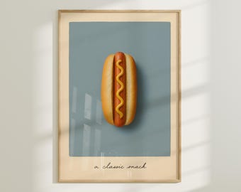 Impresión retro de perrito caliente: póster minimalista de aperitivos americanos (descarga digital)