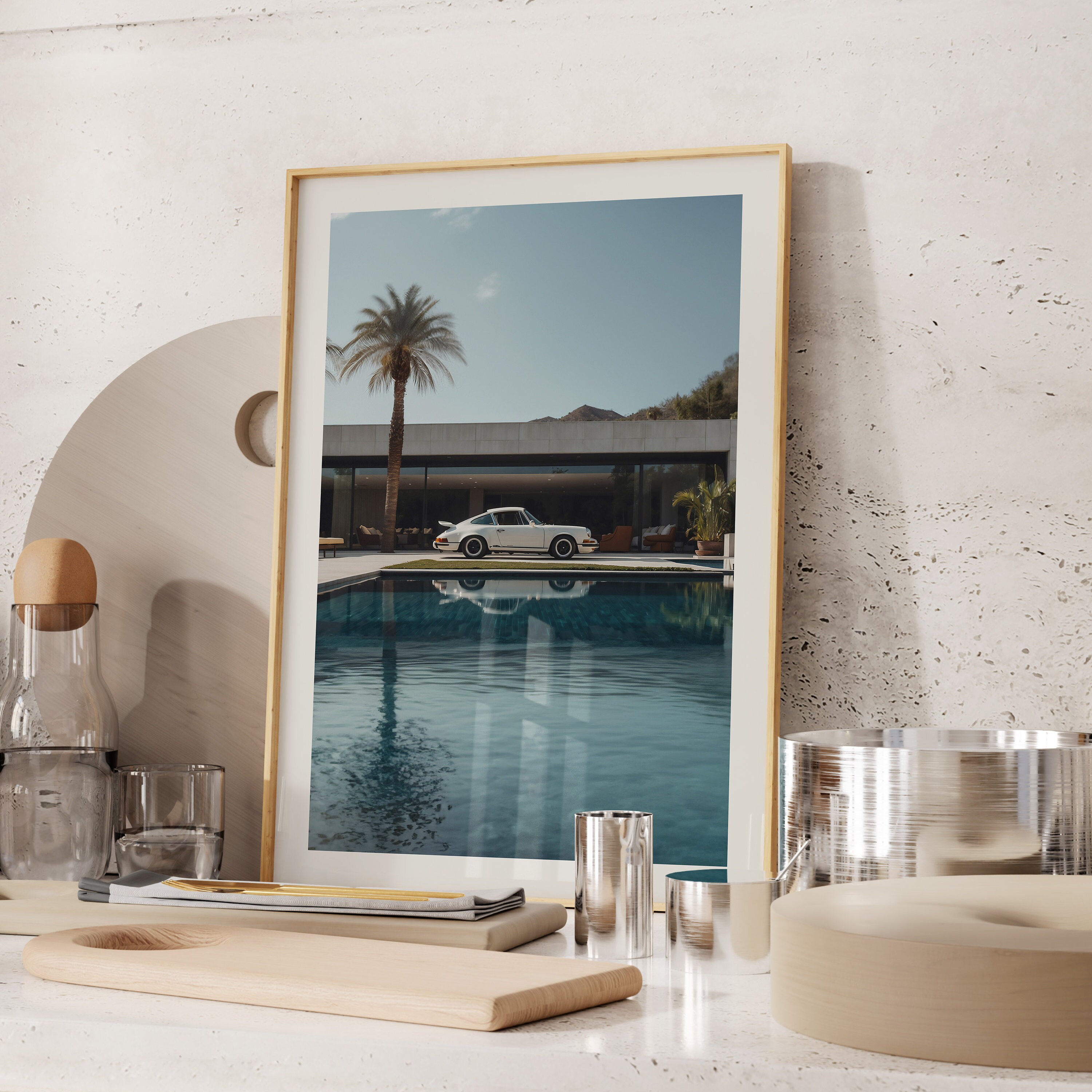 Physical Prints - Porsch 911 by the Pool, Vintage Prsche Print, Classic Wall Art, Vintage Car Poster, Minimalist Car Poster