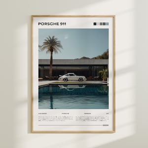 Auto in piscina, stampa Porsche d'epoca, arte murale di auto tedesche, poster di auto da rivista, poster di auto d'epoca d'epoca, arte decorativa moderna per la festa del papà