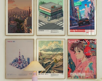 Japanese Anime Wall Art Set, Tokyo Pixel City Print, Mount Fuji Poster, Mecha Girl Kimono, Cyberpunk Otaku Gallery Decor, Japan Wall Gallery