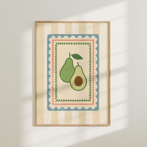 Avocado Folk Art Wall Art – Vintage Botanical Fruit Poster, Minimalist Cottagecore Avocado Kitchen Decor, Printable Green Fruit Artwork