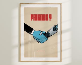 Retro Robot Human Handshake Print, Minimalist Tech Art (Digital Download)
