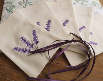 Set of 5 Handmade Embroidered English Lavender Pouch| Cotton Bags with Satin Strings| Gift Satchets