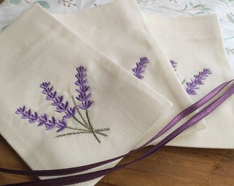 Set of 3 Handmade Embroidered Lavender Pouches| High-Grade Cotton Bags| Gift Satchets Satin Strings