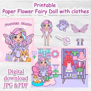 Flower paper doll clothes cut out, Printable paper doll digital PDF instant download, printable doll house, Busy book activity, Paper DIY