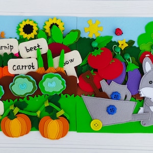 Garden Quiet book pattern, Felt book pattern, Felt vegetable pattern for kids, Soft montessori book sewing ideas for toddler