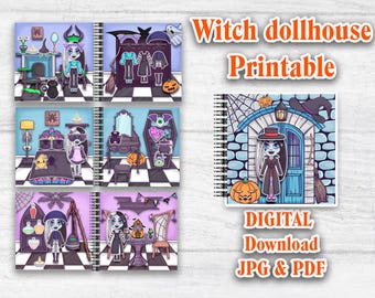 Printable Witch Paper doll house ,Halloween printable doll with a set clothes,  Blythe paper doll dress up, Busy book printable crafts kids