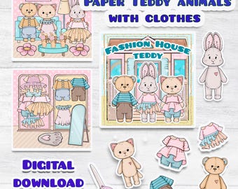 Casa delle bambole di carta stampabile Teddy, set di vestiti Teddy stampabili, casa delle bambole di carta stampabile, bambola di carta Holiday Blythe, libro di attività stampabile per bambini