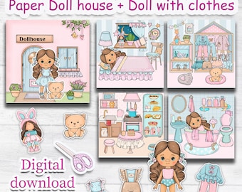 Casa delle bambole Blythe di carta stampabile, bambola stampabile con gatto e set di vestiti, vestito per bambola Blythe per le vacanze, libro delle attività stampabile per bambini