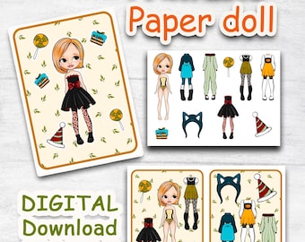Printable paper doll  with a set clothes, Halloween printable doll house, Blythe paper doll dress up, Busy book printable crafts kids