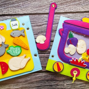 Patrón de libro tranquilo de cocina en PDF, patrón de libro de fieltro para cocinar, plantilla de libro suave para bebé, ideas de costura de libros ocupados para niñas de 2, 3 y 4 años