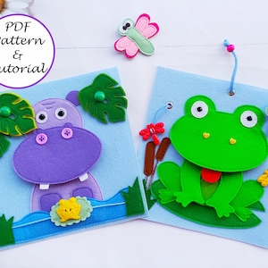Hippo & Frog Quiet book Pattern pdf , Felt book pattern svg, Soft sensory book template, Busy book sewing ideas for kids 2, 3, 4 year old