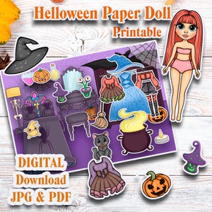 Printable Witch Paper doll  with a set clothes, Halloween printable doll house, Blythe paper doll dress up, Busy book printable crafts kids